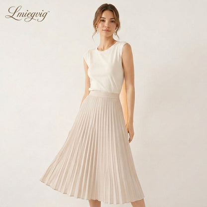 Lmieqvig™ Women's Pleated Midi Skirt – High Waist Flowing A-Line Elegant Casual Skirt