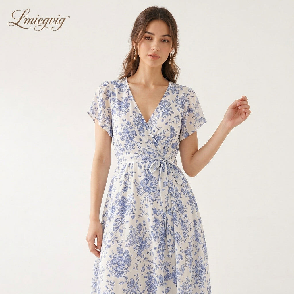 Lmieqvig™ Women's Wrap Midi Dress – V-Neck Flutter Sleeve Tie Waist Elegant Casual Dress