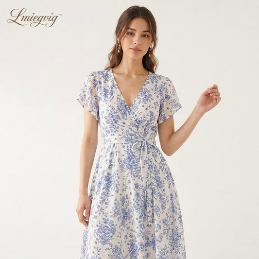 Lmieqvig™ Women's Wrap Midi Dress – V-Neck Flutter Sleeve Tie Waist Elegant Casual Dress