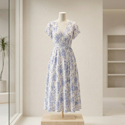 Lmieqvig™ Women's Wrap Midi Dress – V-Neck Flutter Sleeve Tie Waist Elegant Casual Dress