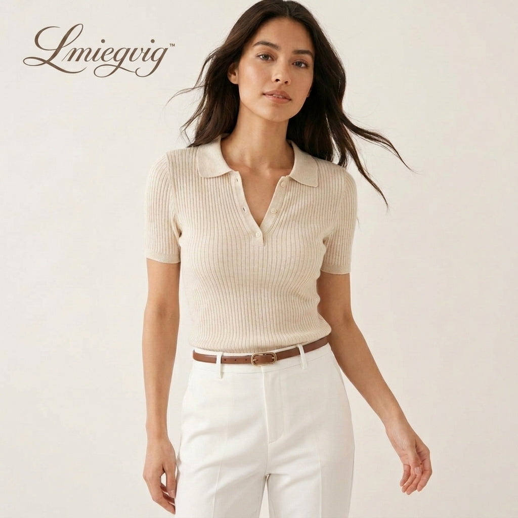 Lmieqvig™ Women's Ribbed Knit Polo Top – Short Sleeve Collared Slim Fit Casual Sweater Shirt