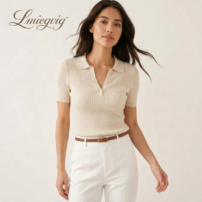 Lmieqvig™ Women's Ribbed Knit Polo Top – Short Sleeve Collared Slim Fit Casual Sweater Shirt