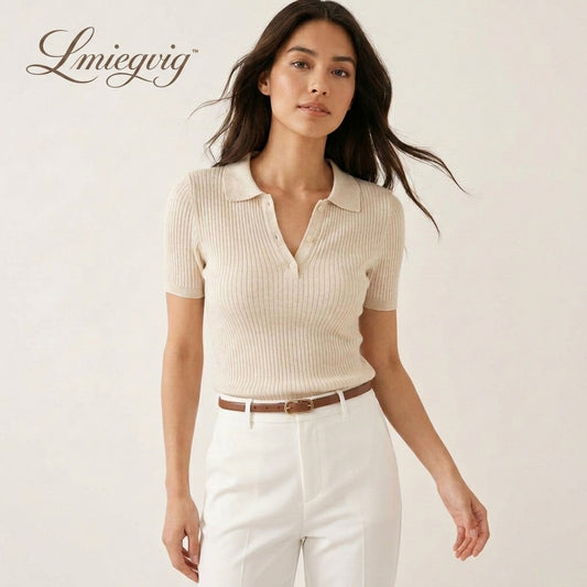 Lmieqvig™ Women's Ribbed Knit Polo Top – Short Sleeve Collared Slim Fit Casual Sweater Shirt