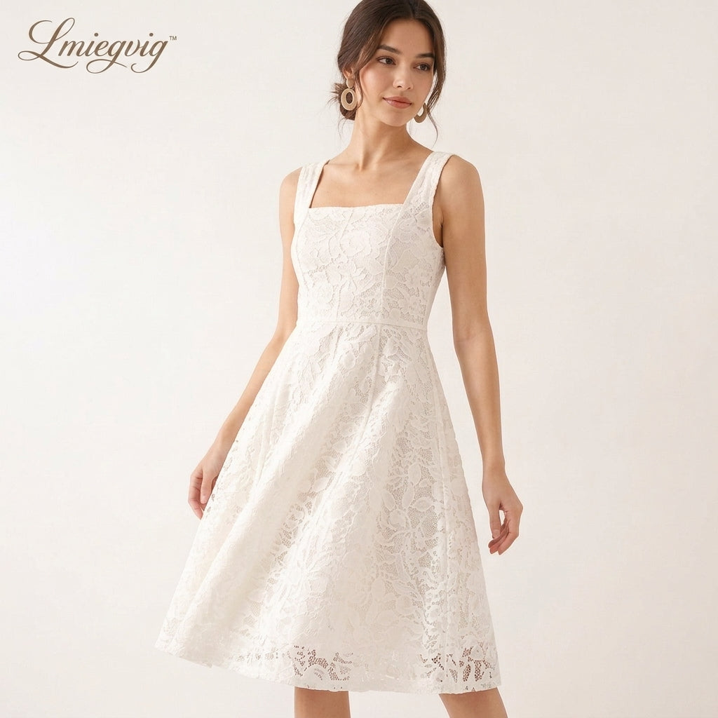 Lmieqvig™ Women's Embroidered Midi Dress – Sleeveless Square Neck Fit & Flare Elegant Summer Dress