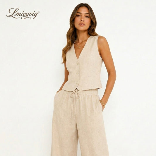 Lmieqvig™ Women's Linen-Blend Wide Leg Pants – High Waist Relaxed Casual Summer Trousers with Pockets
