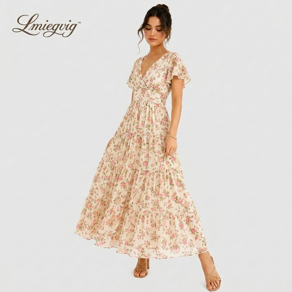 Lmieqvig™ Women's Floral Maxi Dress – V-Neck Tiered Short Sleeve Flowy Casual Vacation Dress