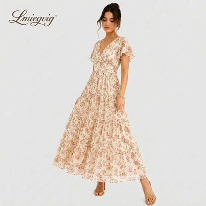 Lmieqvig™ Women's Floral Maxi Dress – V-Neck Tiered Short Sleeve Flowy Casual Vacation Dress