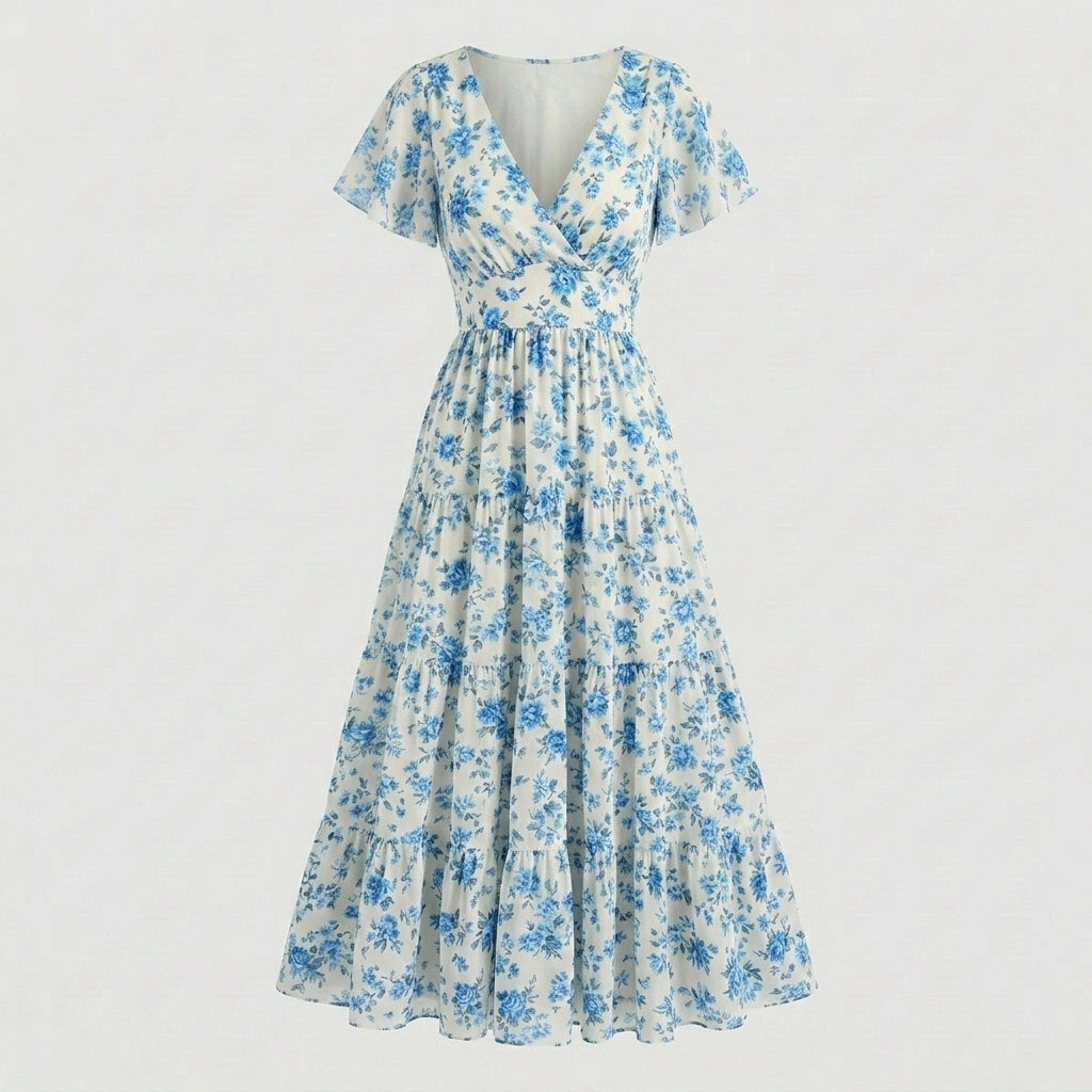 Lmieqvig™ Women's Floral Maxi Dress – V-Neck Tiered Short Sleeve Flowy Casual Vacation Dress
