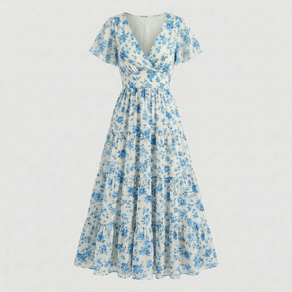 Lmieqvig™ Women's Floral Maxi Dress – V-Neck Tiered Short Sleeve Flowy Casual Vacation Dress