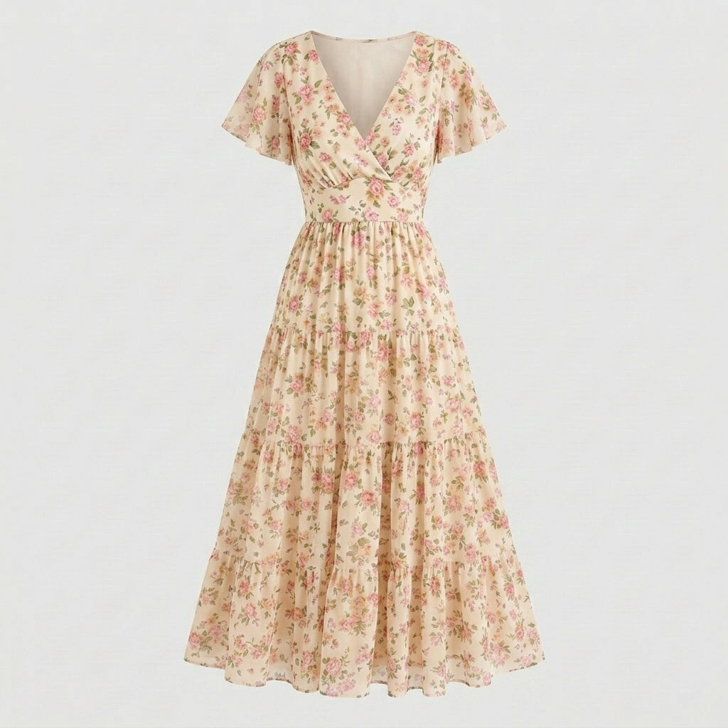 Lmieqvig™ Women's Floral Maxi Dress – V-Neck Tiered Short Sleeve Flowy Casual Vacation Dress