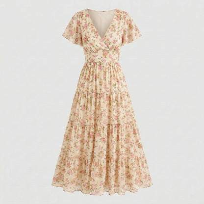 Lmieqvig™ Women's Floral Maxi Dress – V-Neck Tiered Short Sleeve Flowy Casual Vacation Dress