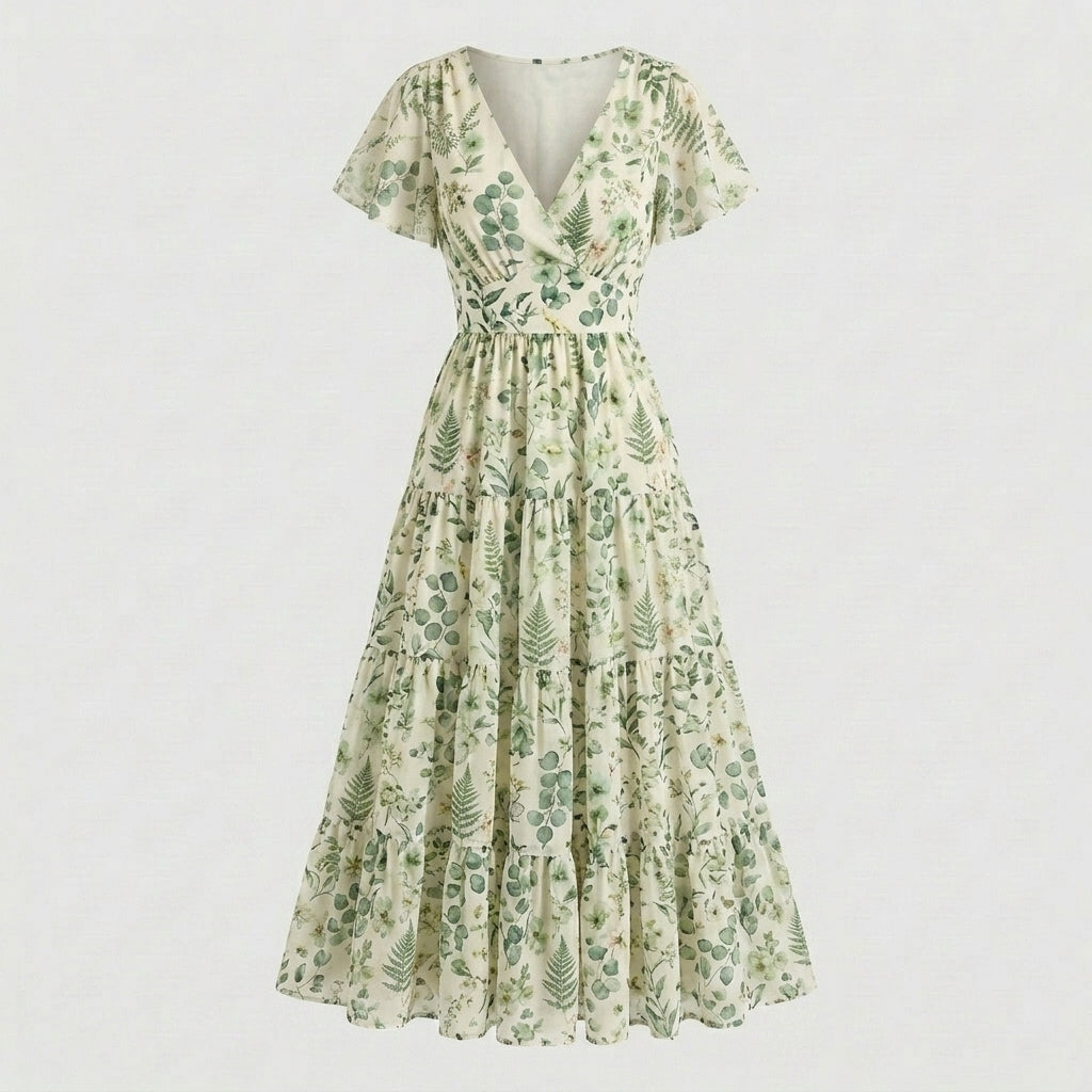 Lmieqvig™ Women's Floral Maxi Dress – V-Neck Tiered Short Sleeve Flowy Casual Vacation Dress