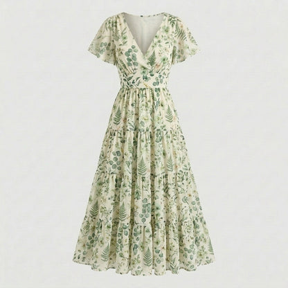 Lmieqvig™ Women's Floral Maxi Dress – V-Neck Tiered Short Sleeve Flowy Casual Vacation Dress