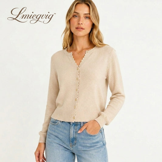 Lmieqvig™ Women's Scallop Trim Cardigan – Lightweight Button Front Feminine Knit Sweater
