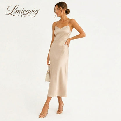 Lmieqvig™ Women's Satin-Feel Midi Skirt – High Waist Bias Cut Elegant Casual Slip Skirt