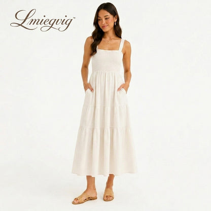 Lmieqvig™ Women's Cotton Midi Sundress – Square Neck Smocked Back A-Line Casual Summer Dress with Pockets