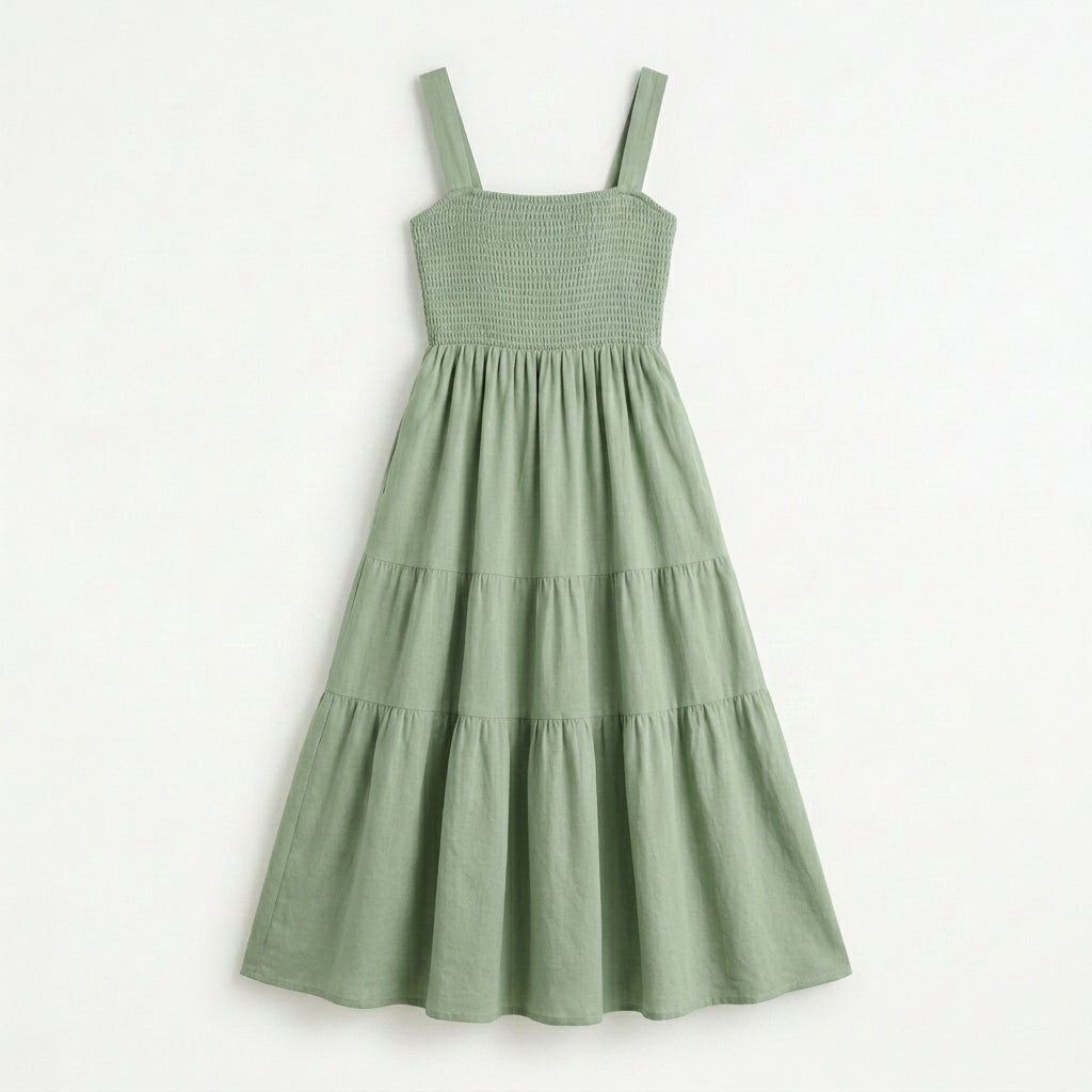 Lmieqvig™ Women's Cotton Midi Sundress – Square Neck Smocked Back A-Line Casual Summer Dress with Pockets