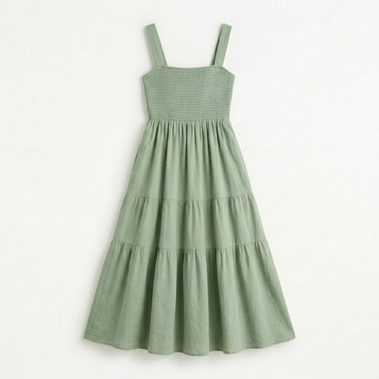 Lmieqvig™ Women's Cotton Midi Sundress – Square Neck Smocked Back A-Line Casual Summer Dress with Pockets