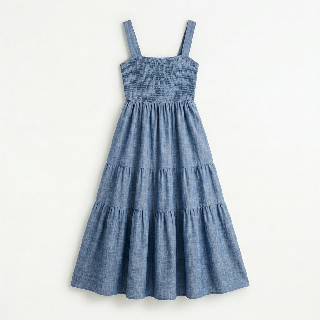 Lmieqvig™ Women's Cotton Midi Sundress – Square Neck Smocked Back A-Line Casual Summer Dress with Pockets